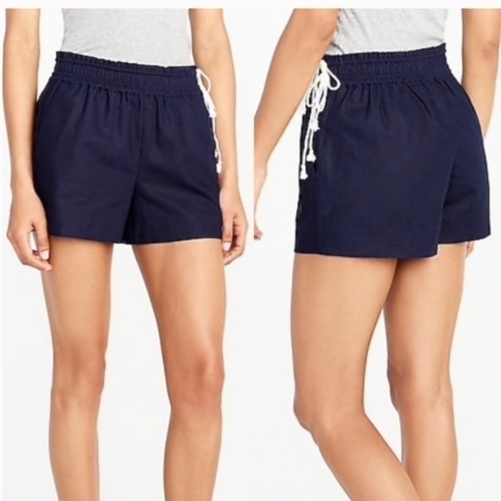 🇪🇸🥑J Crew Factory shorts linen navy white lace bows elastic waist XS CLEARANCE